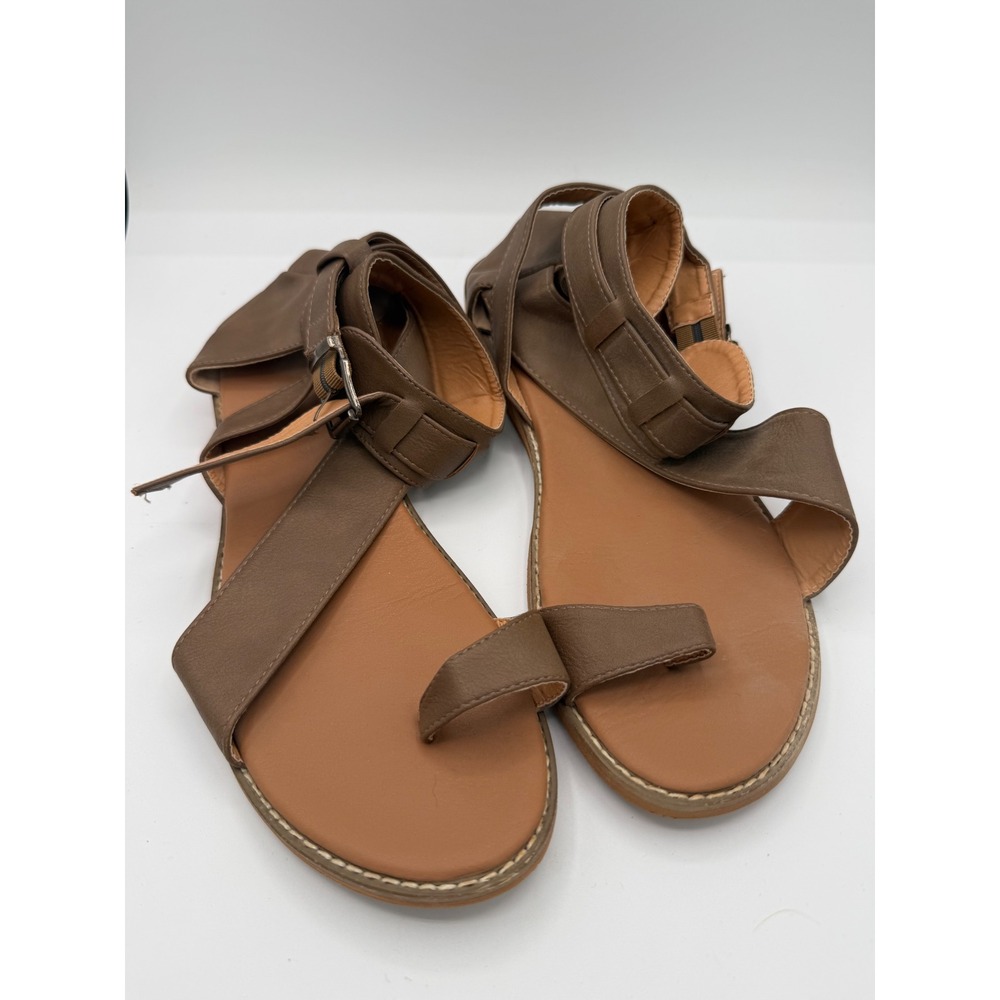 Womens Brown Gladiator Sandals Flat Toe Loop Ankle Strap Buckle Shoes